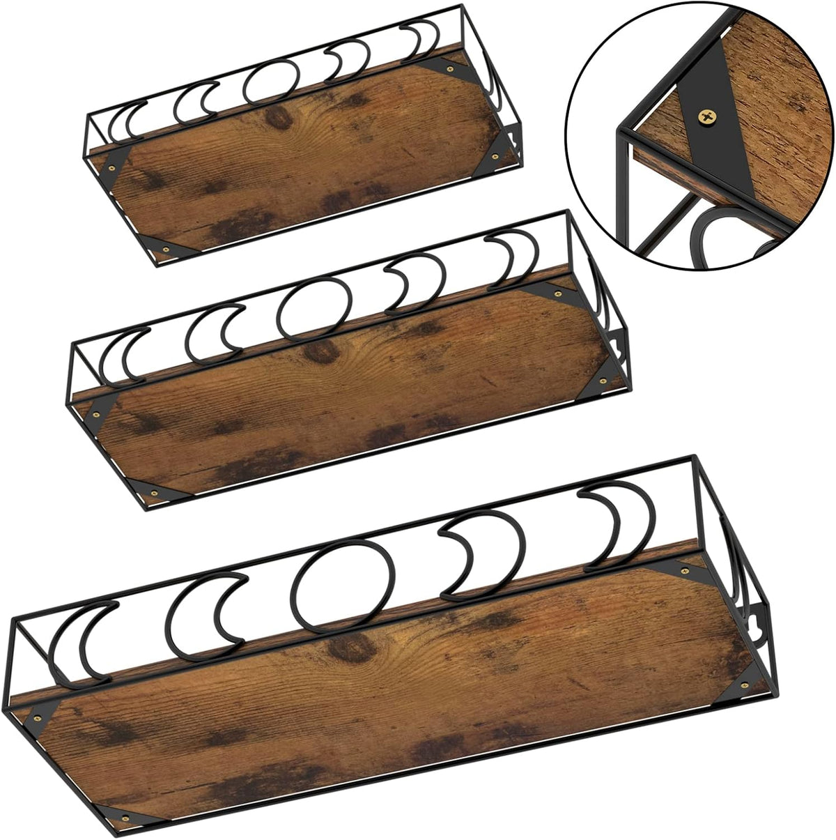 Moon Phase Wall Shelf, 3 Black Side Brown Base Floating Shelves