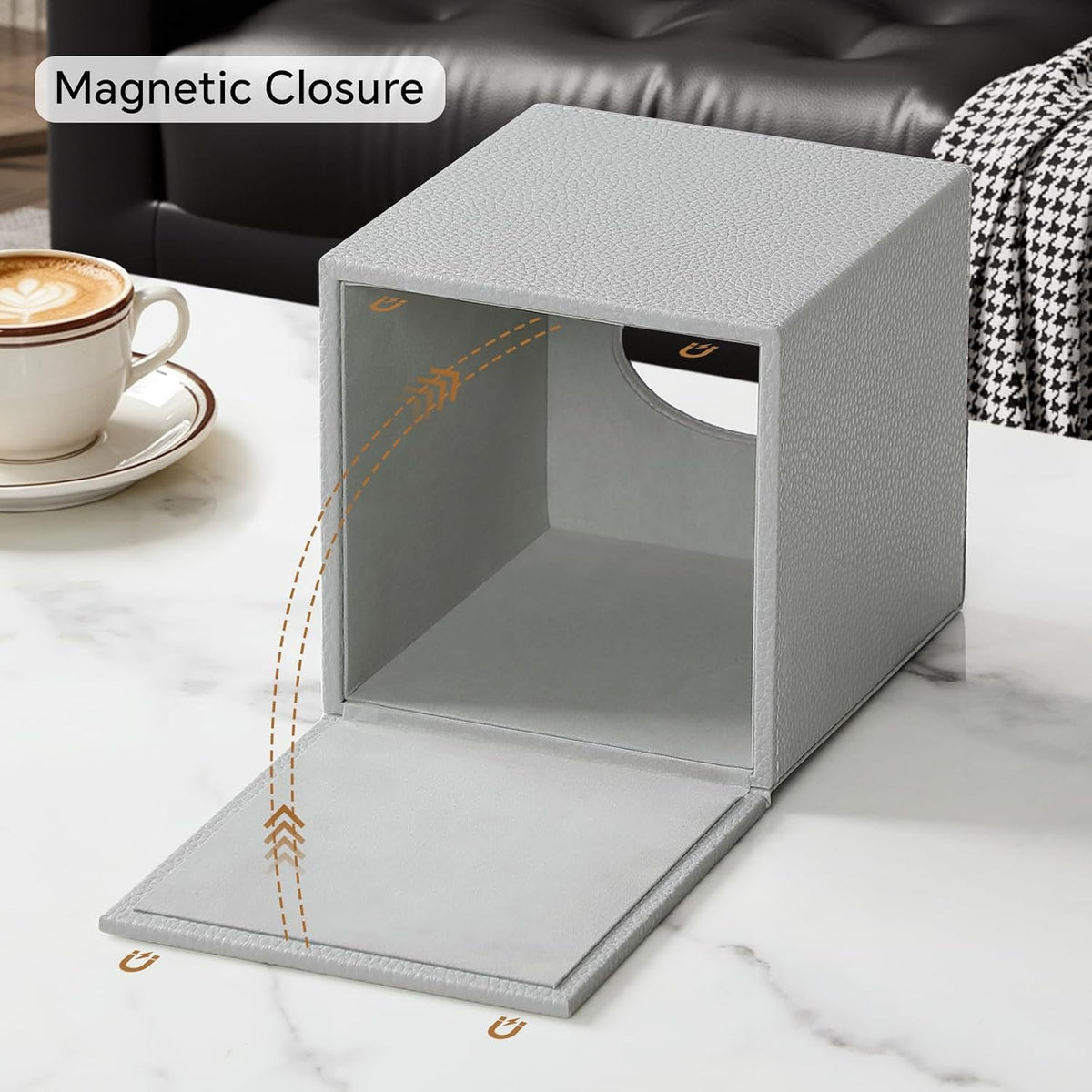 Square Tissue Box Cover with Magnetic Closure Bottom, Grey