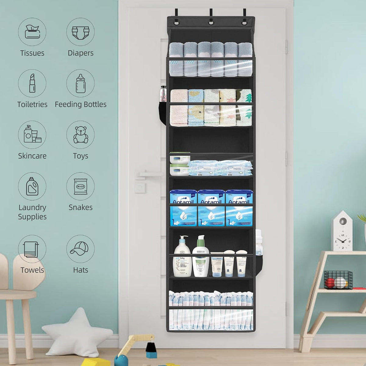 Over Door Organizer with 6 Extra Large Pockets 12 Side Pockets, Sturdy Closet Storage Rack, Hanging Storage Organizer with Clear Window for Shoes, Diaper, Bedroom, Bathroom, Black, 4-Pack