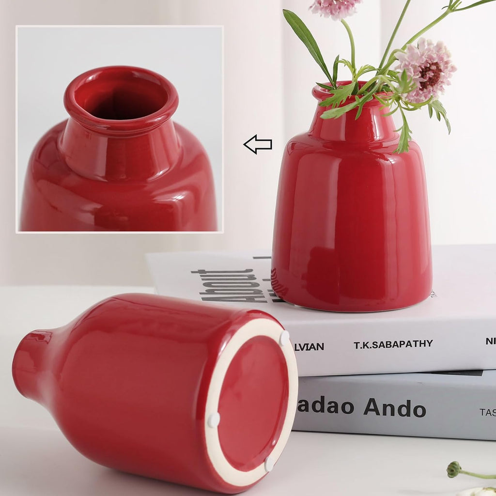 hjn Red Small Vase Set of 3 for Modern Home Decor,Ceramic Vases for Centerpieces Flower Vases for Living Room Wedding/Dinner Table/Party -Red