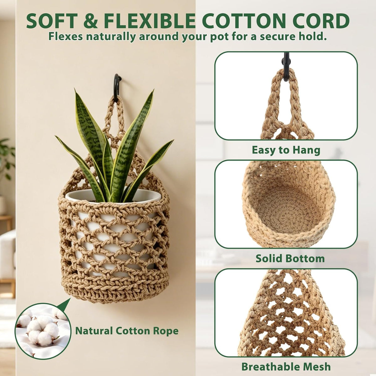 4-PCS 5 Inch Macrame Wall Plant Hangers, Small Wall Hanging Plant Holder for Up to 5 Inch Pot, Natural Cotton Rope Hanger for Indoor Plants & Daily Storage, Boho Home Decor