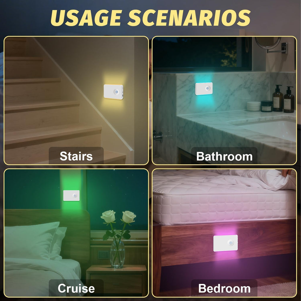 2 Pack Motion Sensor Night Light Cruise Ship Approved Magnetic Night Light Rechargeable with 2 USB Cable and 2 Magnetic Patch RGB Color Sensor Lights for Cabin Bathroom Hallway Stairs Cruise Essential