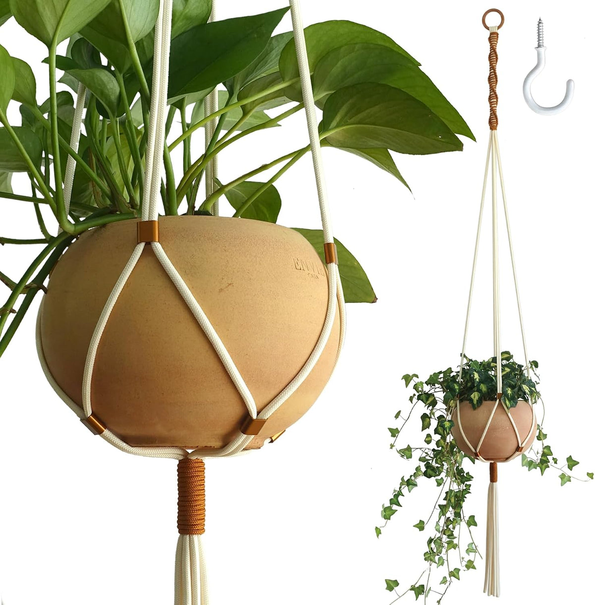 Macrame Plant Hanger Polyester Rope 42 Inch Outdoor Indoor Adjustable Hanging Planter for up to 10 Inch Plant Pot Modern Boho Home Decor (1, Ivory/Burnt Orange)