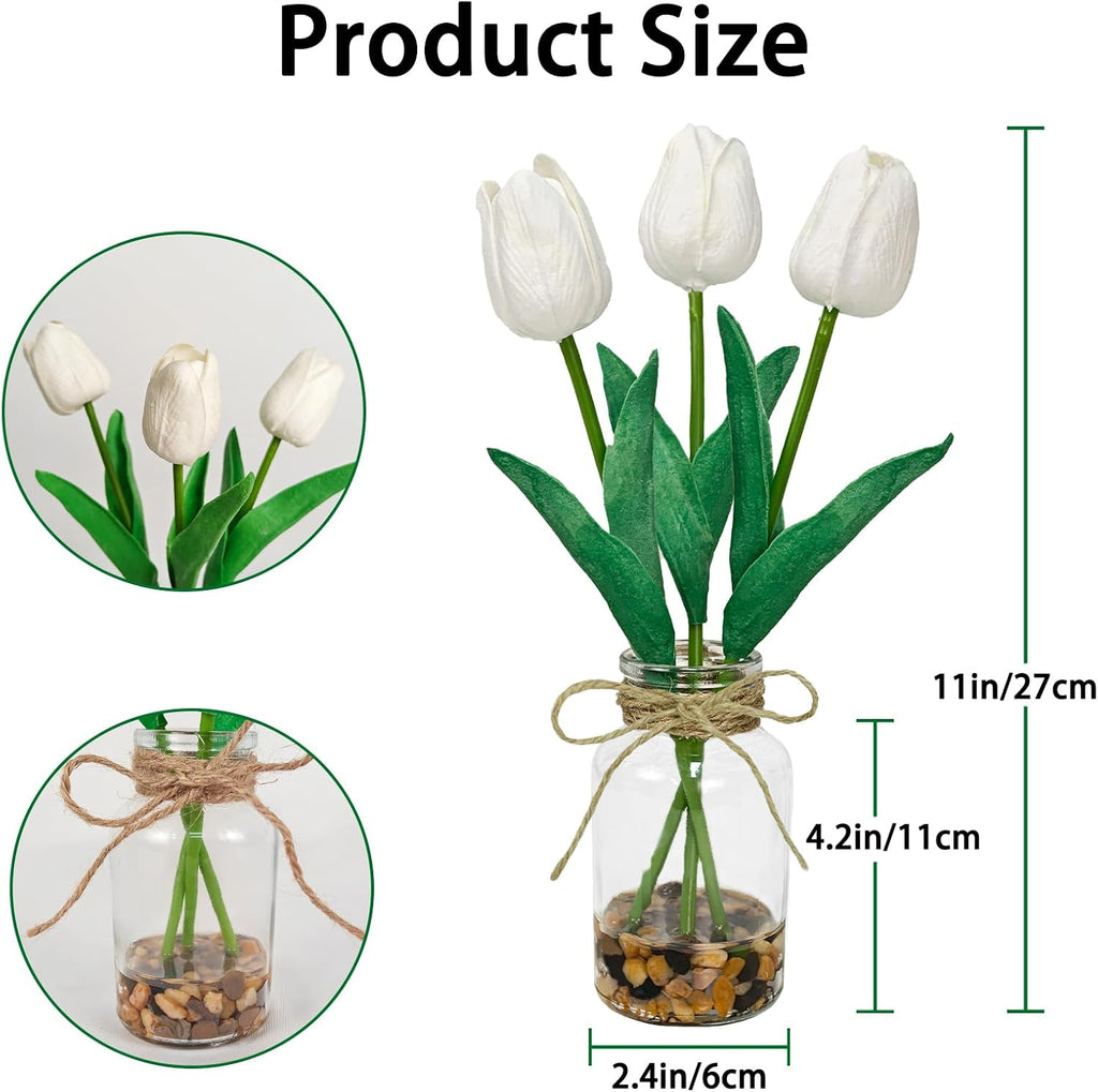 2 Packs Artificial Tulips Flowers in Glass Vase with Faux Water Stone,White