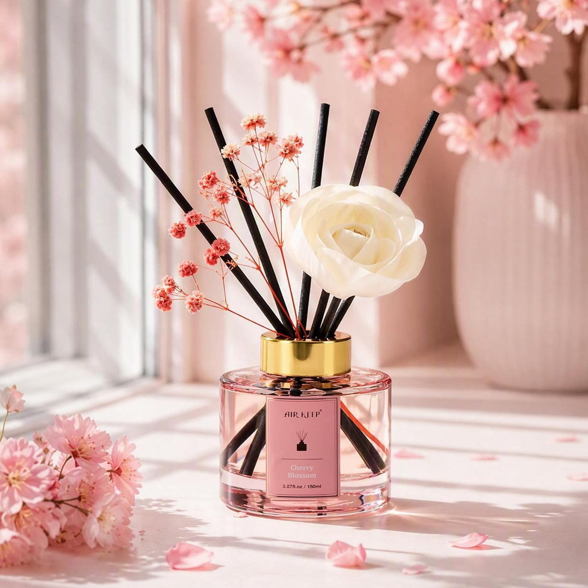 Airkeep Flower Reed Diffuser Set, Cherry Blossom Diffuser Set, 5.07 Fl.oz (150ml), Home Fragrance, Bathroom, Bedroom & Home Décor, Air Freshener