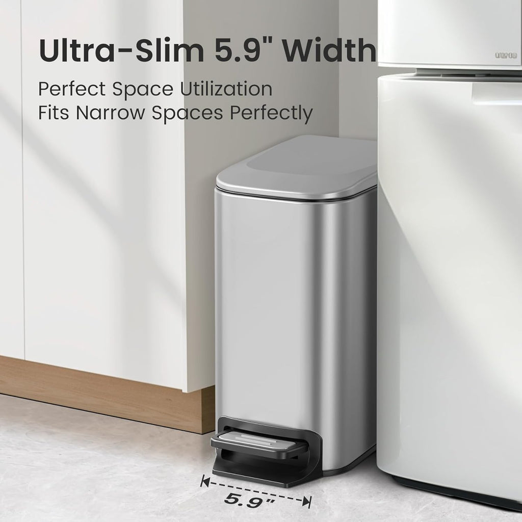 Cesun Small Bathroom Trash Can with Lid, 1.6 Gal, Soft Close, Sliver