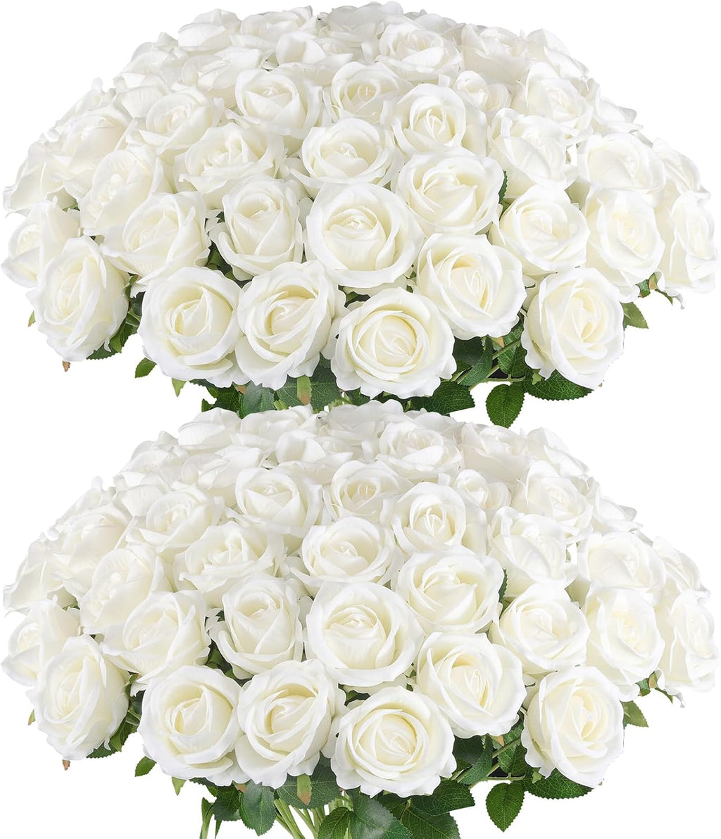 Hananona 50 Pcs Artificial Roses, Realistic Silk Flowers Bulk, White