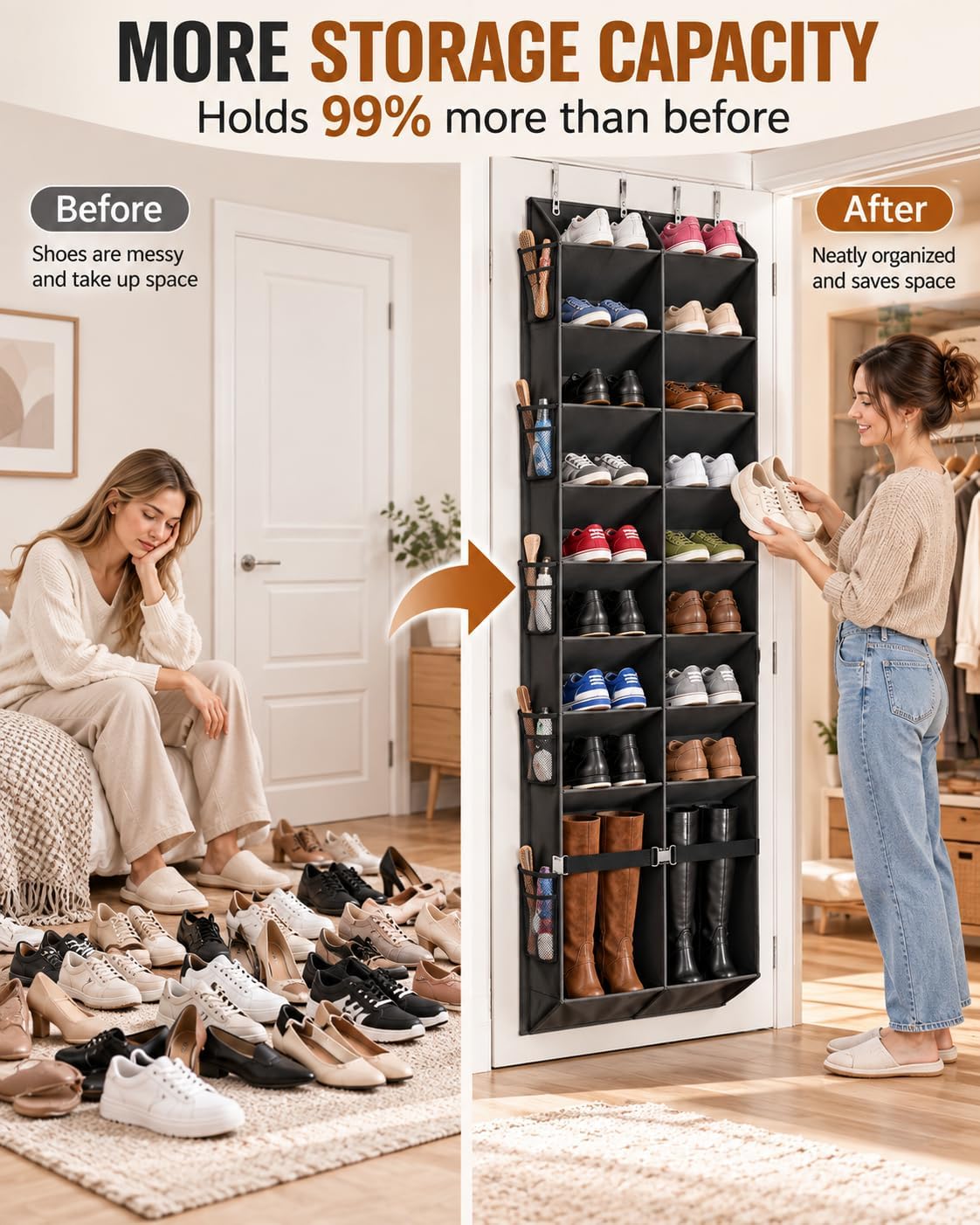 Over the Door Shoe Organizer with Oversized Boot Pocket, Hanging Storage