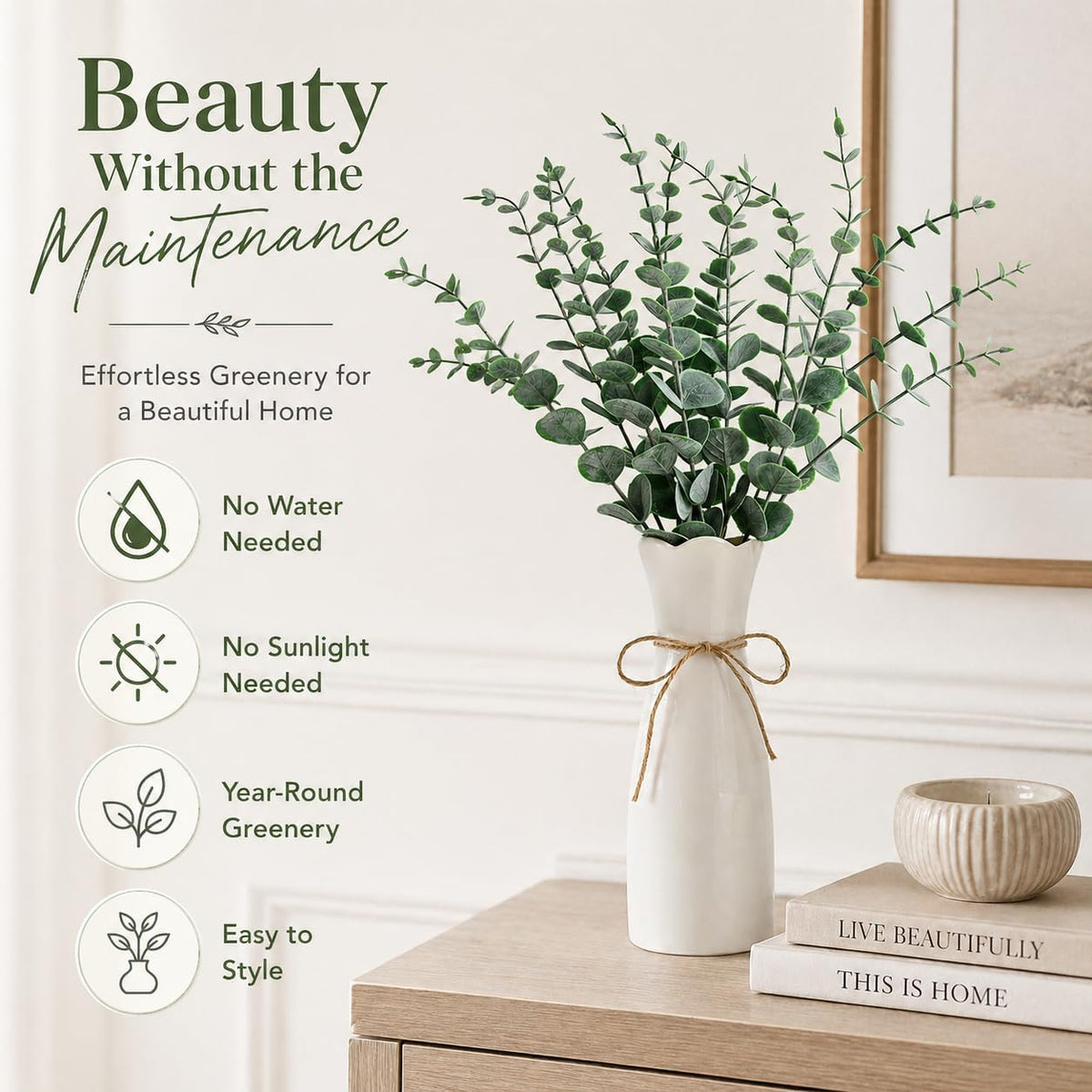 Artificial Eucalyptus Stems in White Vase, 20pcs Faux Greenery Arrangement with 7.87" Ceramic Vase, 15.7" Decorative Fake Plant for Boho Farmhouse Home Decor