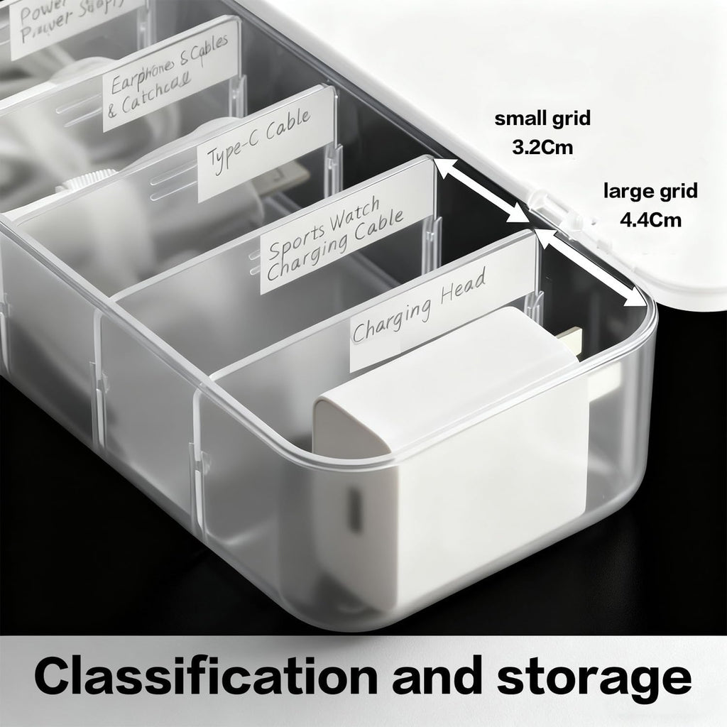 Cable Organizer Box with 7 Wire Ties, 2 Pack Desktop Cord Management Storage Case with Lid, 7 Compartments for Chargers Cables for Office Home Desk Accessories Cords (White)