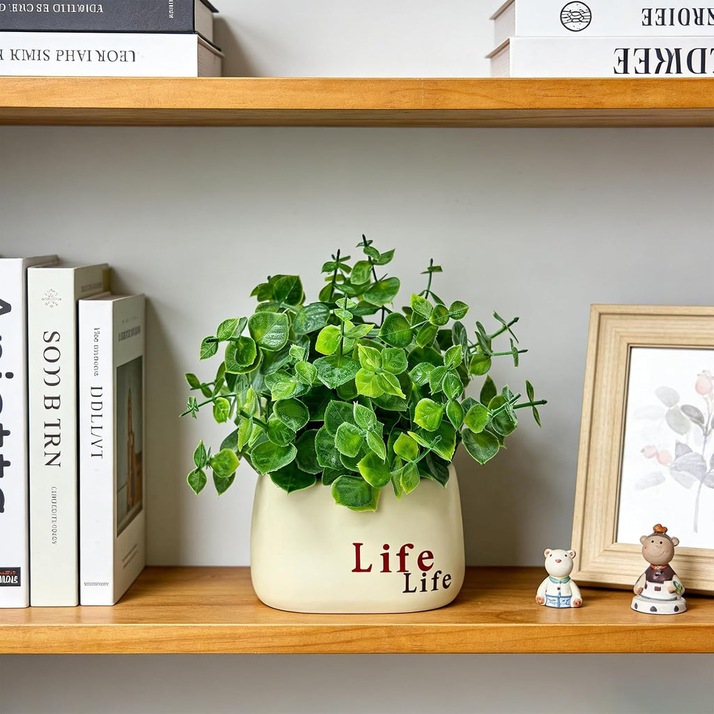Small Fake Plant in Pot, 7" Artificial Plant Indoor, Fake Eucalyptus Stems with Ceramic Vase, Faux Greenery Eucalyptus Bathroom Decor for House Office Desk