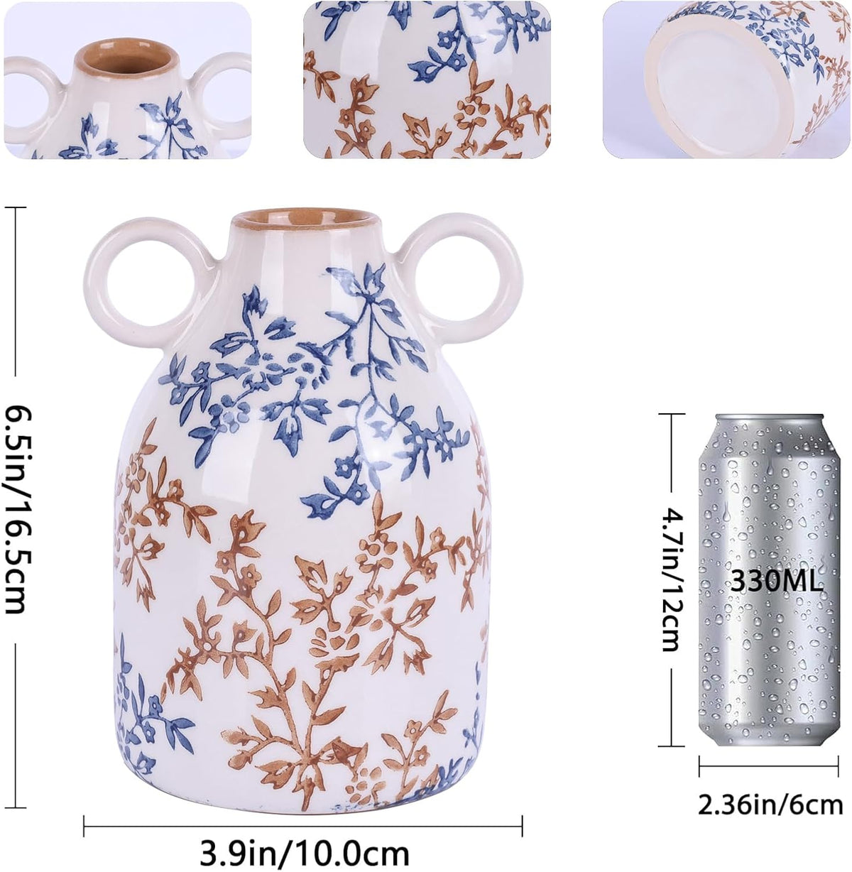 Blue Floral Ceramic Vase with Handle, Nordic Boho Small Vases Side Table Flower Centerpiece, Wide Mouth Single Flower Vase Pampas Grass Decorative - for Home Window Sill Living Dining Room Kitchen