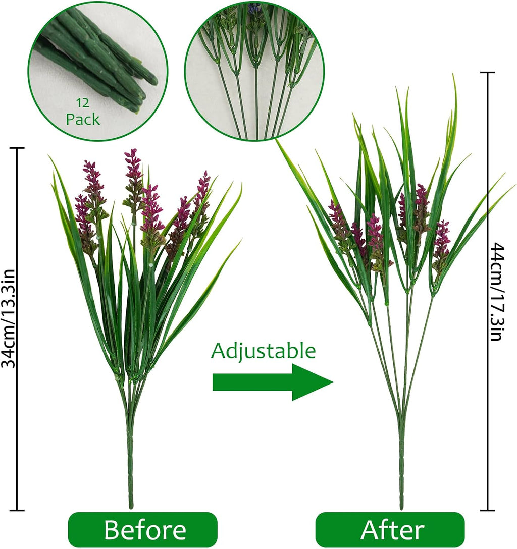 obbsie 36 Bundles Artificial Plants Outdoor, 18.2" UV Resistant Faux Monkey Grass Greenery Stems No Fade Faux Plastic Flowers Shrubs for Home Weddings Garden Porch Front Patio Office Decor - Rose Red