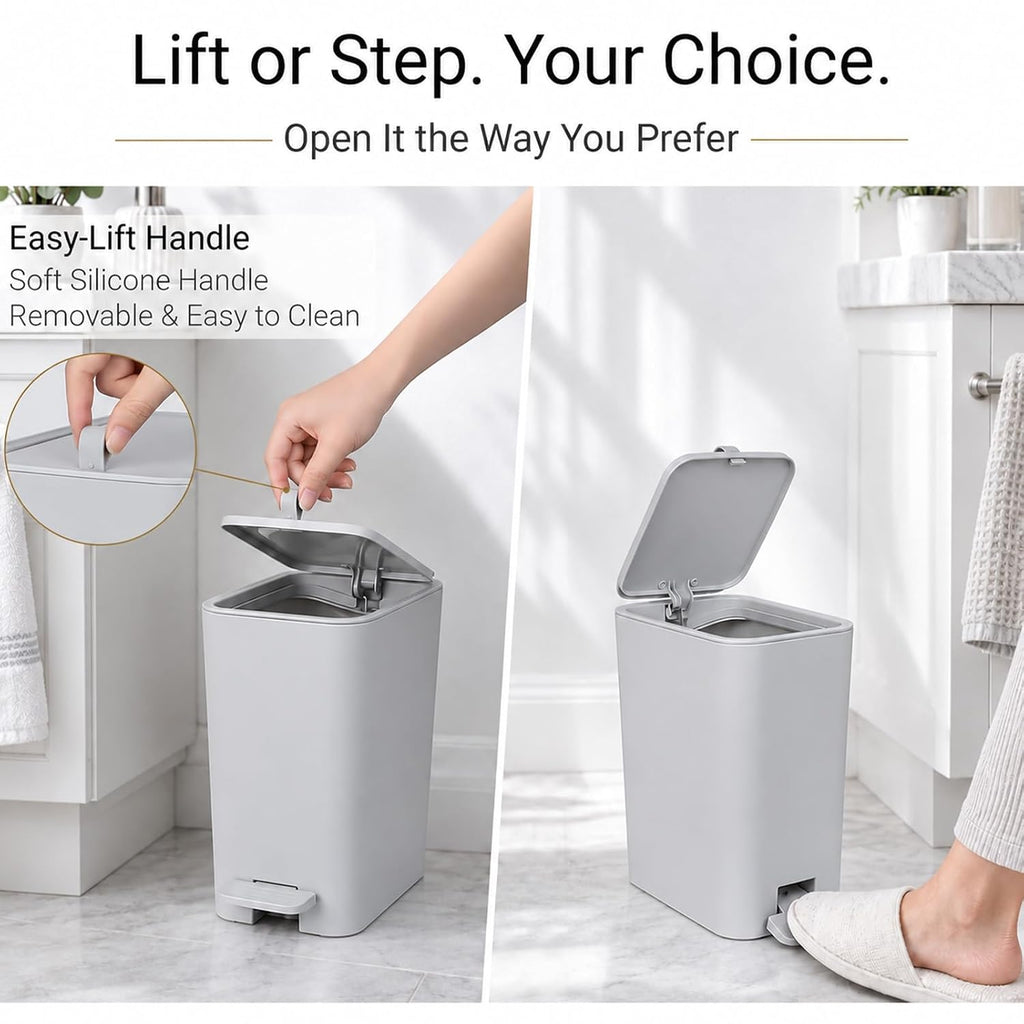 Small Bathroom Trash Can with Lid, Slim Garbage Can, 2.1 Gallon, Gray