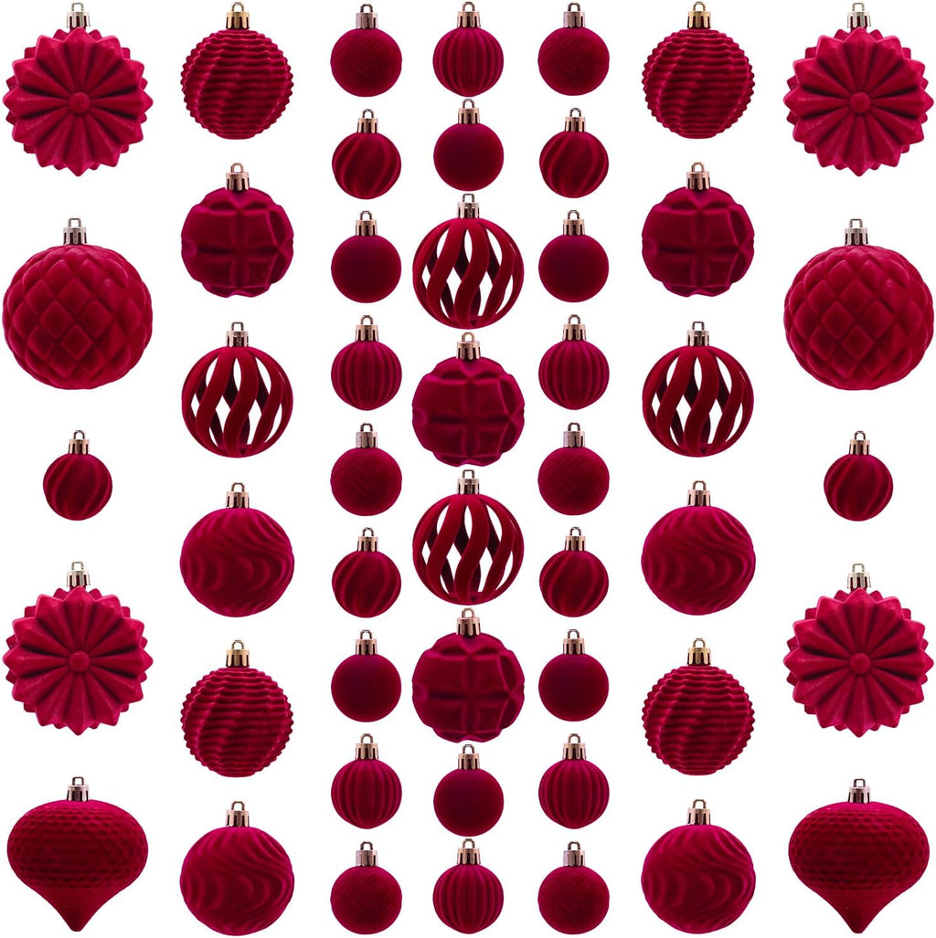 48PCS Velvet Christmas Ball Ornaments, Flocked Balls Xmas Tree Decorations, Shatterproof Christmas Hanging Ornaments Set, Assorted Styles in 1.57/2.36/3.15Inch, Velvet Burgundy