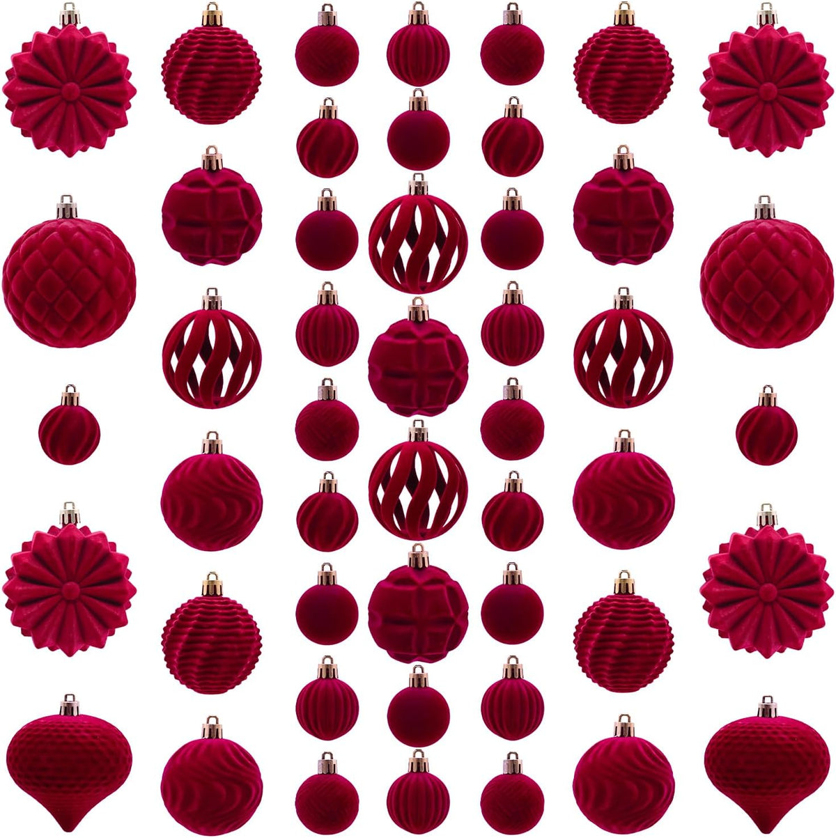 48PCS Velvet Christmas Ball Ornaments, Flocked Balls Xmas Tree Decorations, Shatterproof Christmas Hanging Ornaments Set, Assorted Styles in 1.57/2.36/3.15Inch, Velvet Burgundy