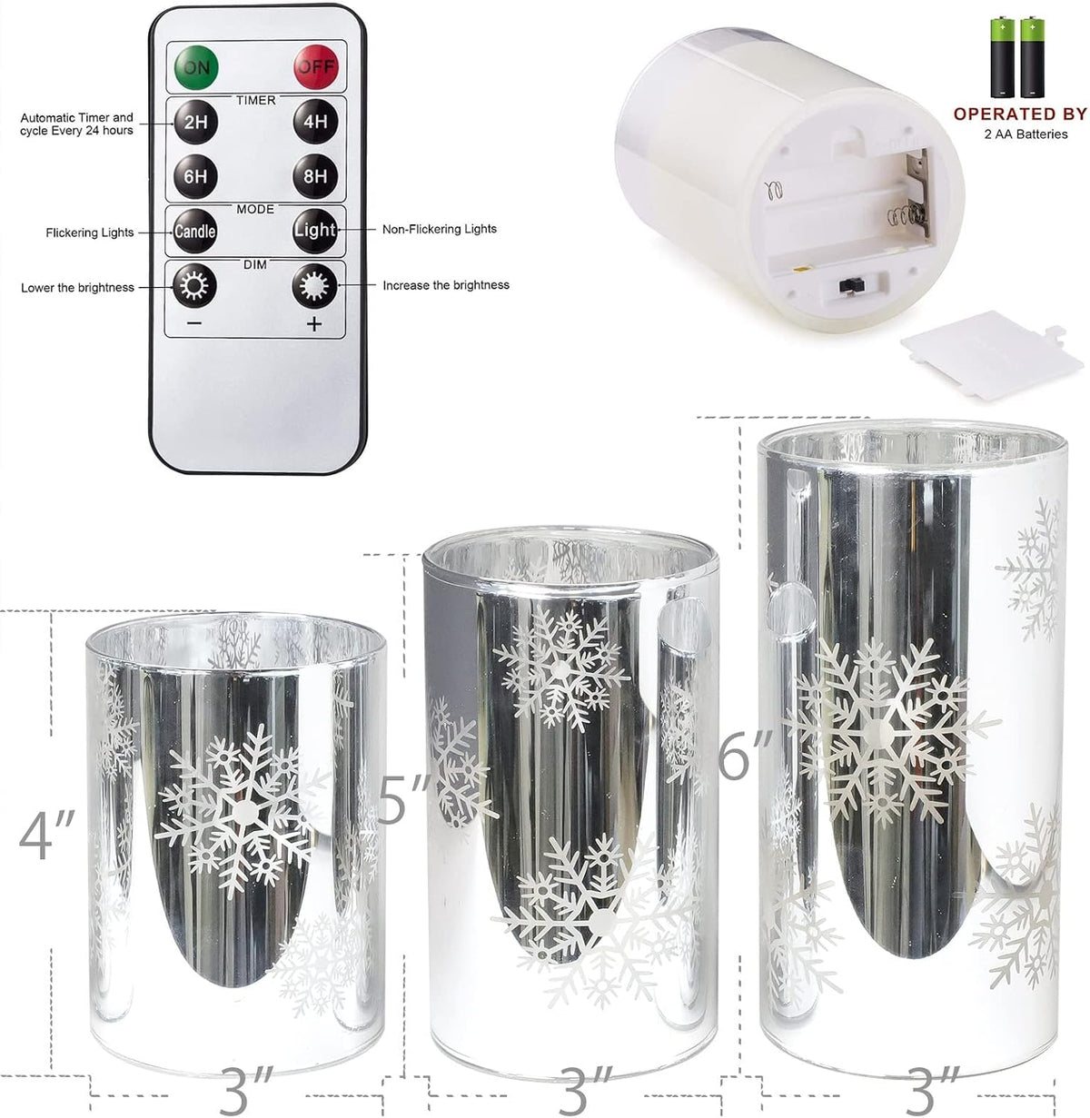 MELTONE Snowflake Holiday Flameless Candles: Real Wax Flickering Battery Operated Glass LED Candles with Remote - Home Xmas Party Christmas Decor - Set of 3