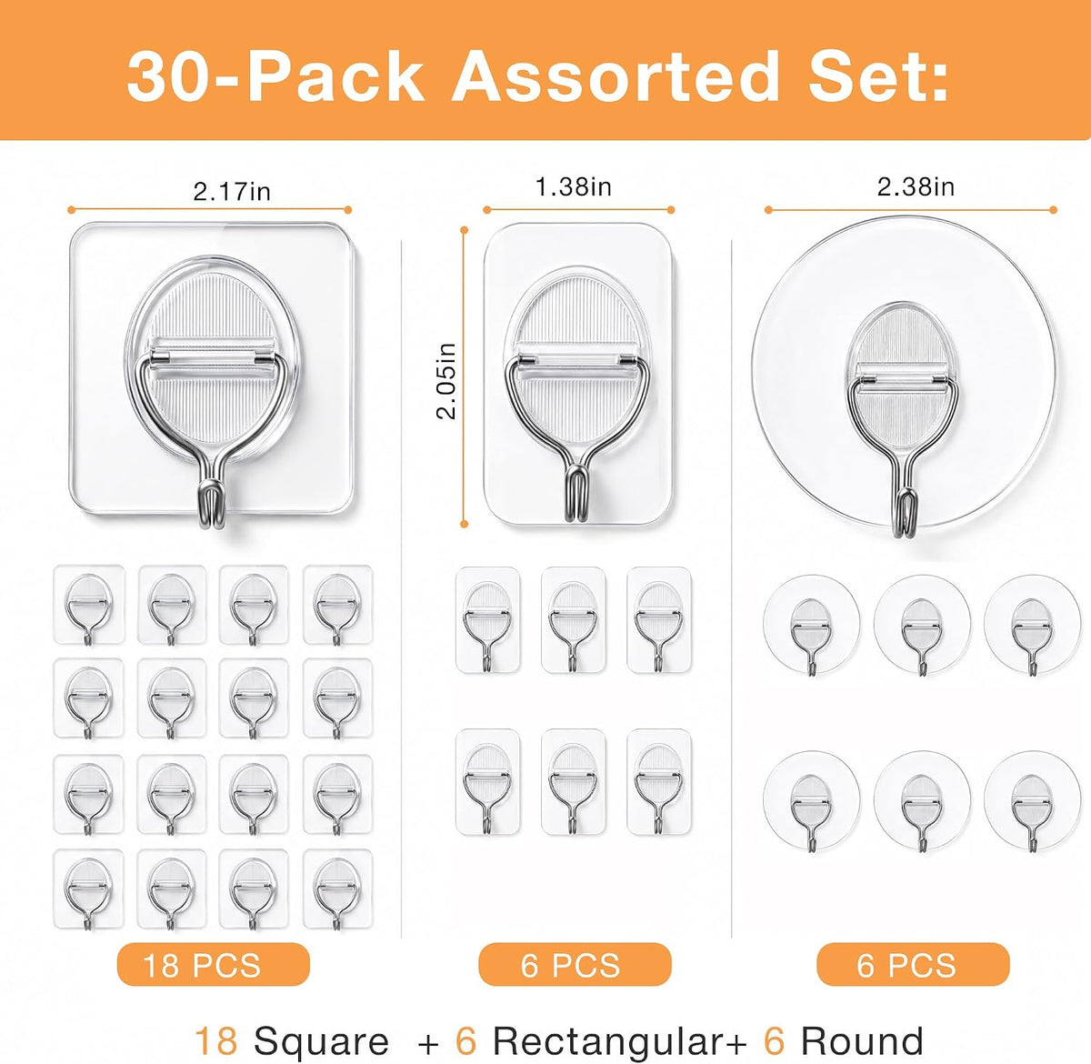 Clear Adhesive Wall Hooks Heavy Duty Hanging Sticky-30 Pack Mixed Set