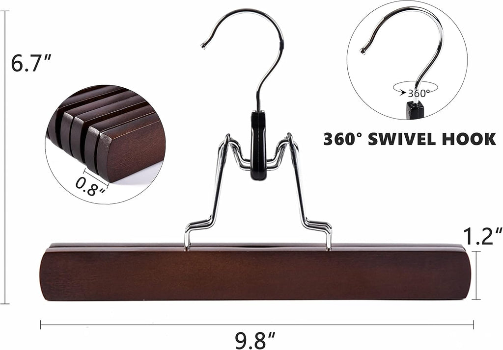 Amber Home 10 Pack Walnut Wooden Pants Clip Hangers, Wood Skirt Hangers