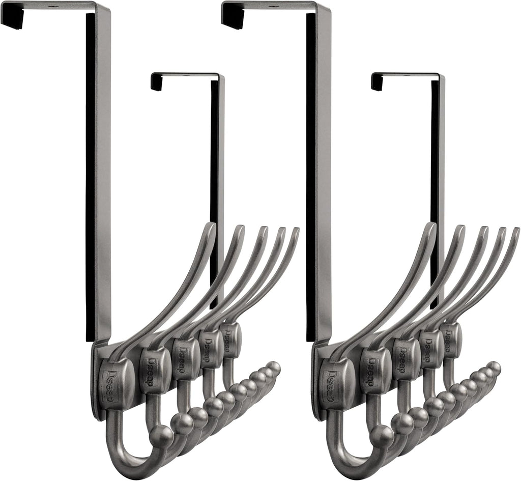 Dseap Over Door Hook 2.0 - Upgraded Version - Simple-Assembly, Strong, Heavy-Duty Stainless Steel 5-Tri-Hook Over The Door Hanger Rack, SimpleStrong Series, Grey, Pack of 2