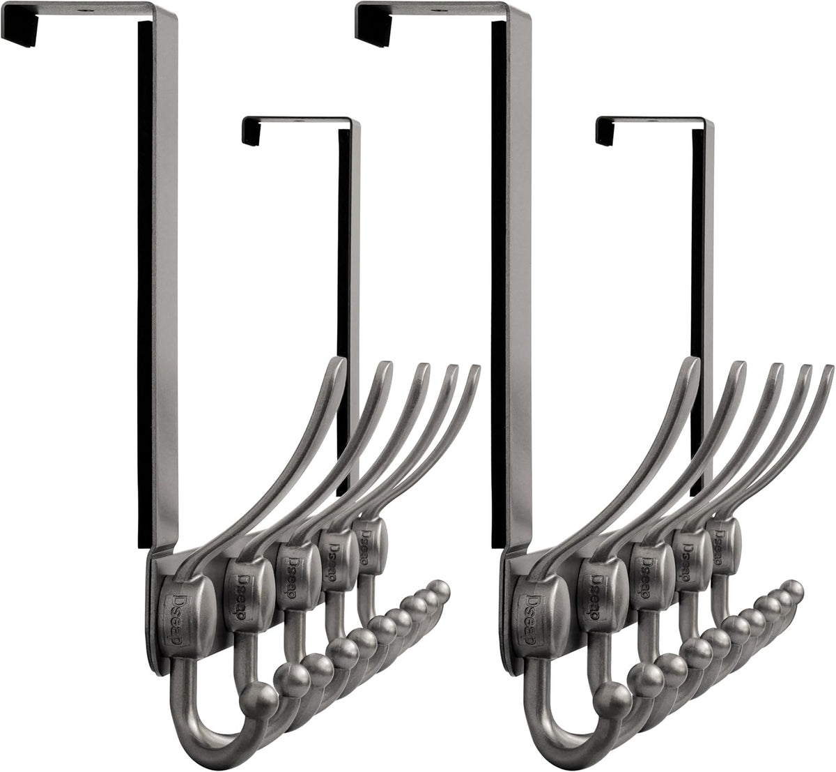 Dseap Over Door Hook 2.0 - Upgraded Version - Simple-Assembly, Strong, Heavy-Duty Stainless Steel 5-Tri-Hook Over The Door Hanger Rack, SimpleStrong Series, Grey, Pack of 2