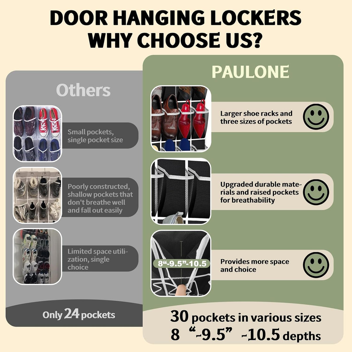 PAULONE Over the Door Organizer with 30 Large Pockets, 3 Sizes of Closet Hangers, Holds up to 69 lbs, Hanging Organizer with Clear Window for Children's Toys, Shoes, Diapers (Black)