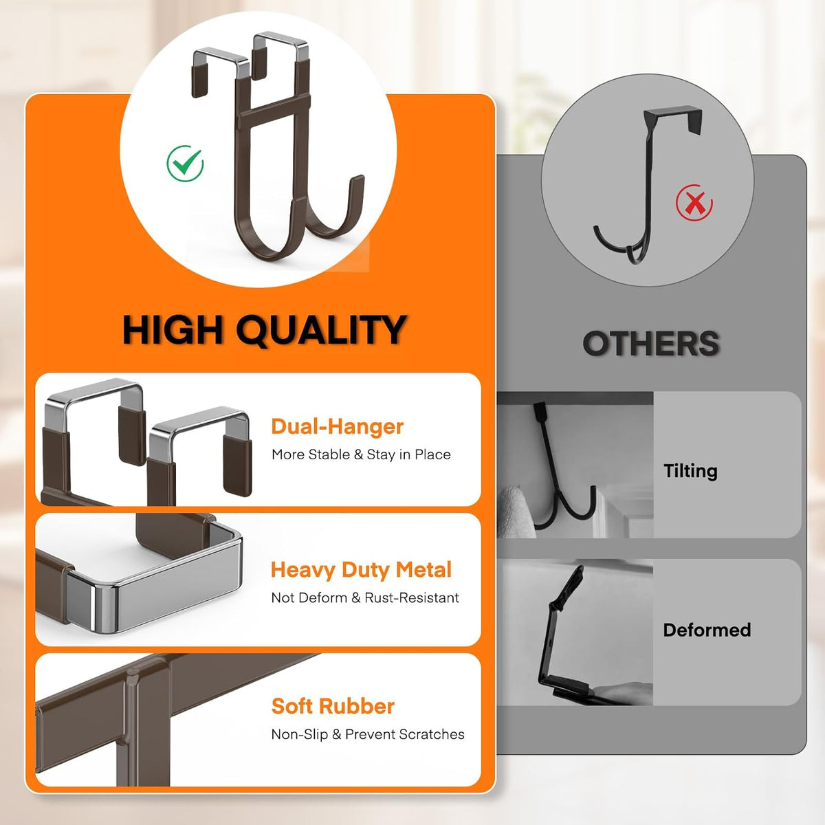 FYY Over the Door Hooks, Double-Hanger 2 Pack, Fits Doors 1 3/8" Brown