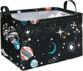 Space Storage Basket, Rectangular Cotton Linen Blend Organizer Bin with Handles, Foldable Black Galaxy Planet and Star Storage Box for Shelves, Closet, Bedroom and Dorm Room