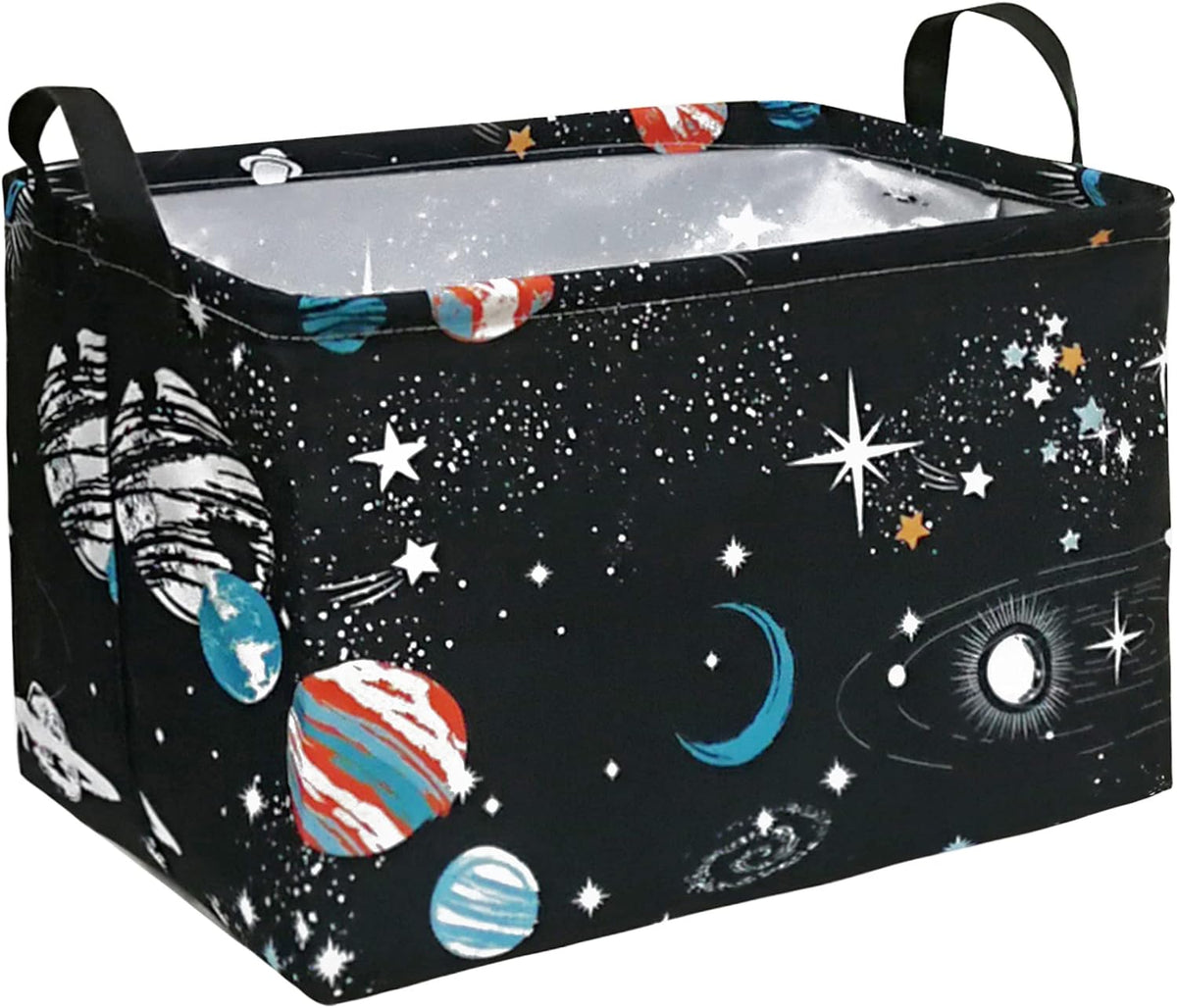 Space Storage Basket, Rectangular Cotton Linen Blend Organizer Bin with Handles, Foldable Black Galaxy Planet and Star Storage Box for Shelves, Closet, Bedroom and Dorm Room