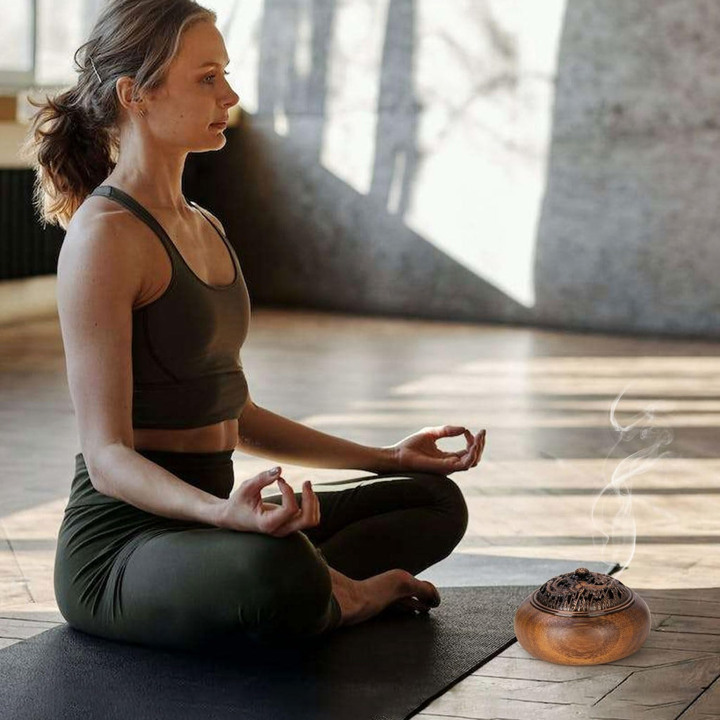 2 Pack Incense Cone Holder, Wooden Incense Burner with Brass Cover, Bakhoor Burners for Sticks Coil, Frankincense Room Home Decor Yoga Spa Meditation (R)