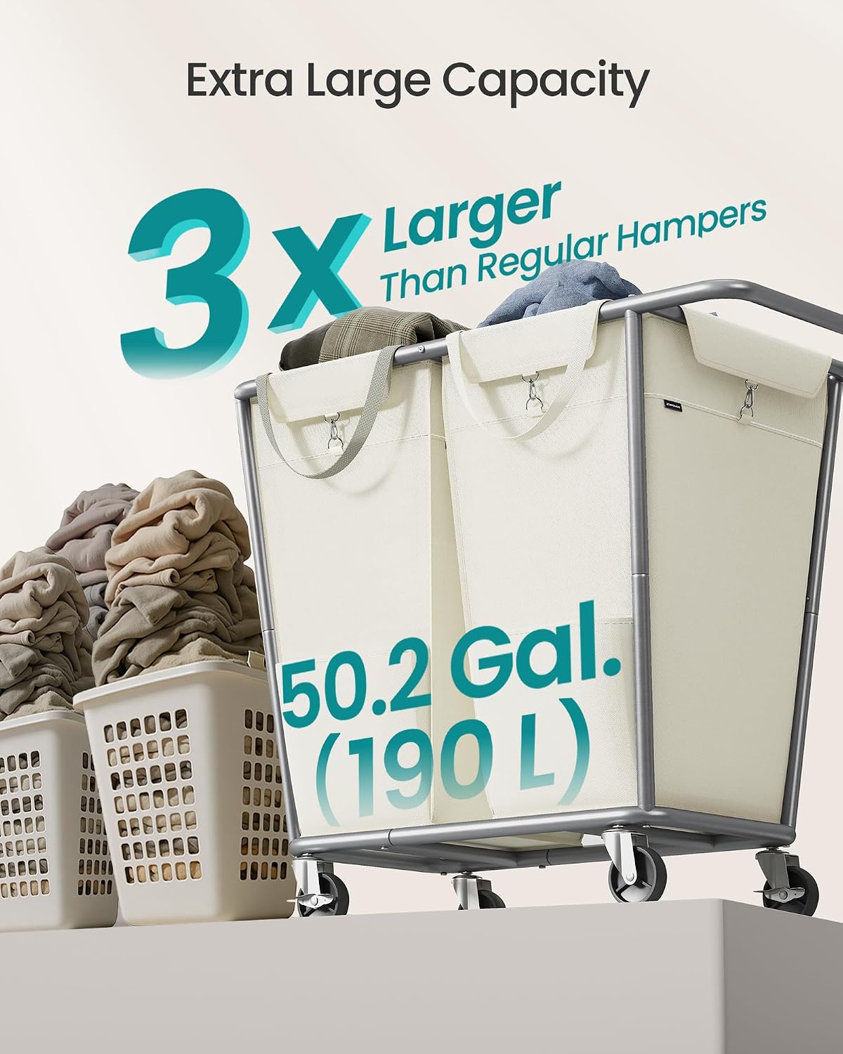 SONGMICS 2-Section Laundry Basket with Wheels, 50.2 Gallons (190 L) Hamper