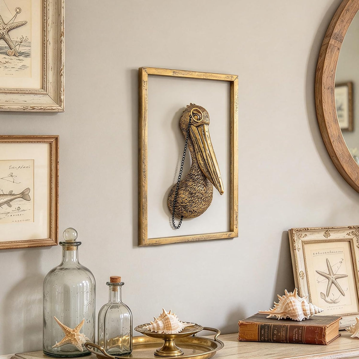 Vintage Gold Resin Animal Heads Wall Decor(Pelican,Gift Metal Frame)- Exquisite Wall Hanging Sculptures for Living Room, Bedroom, Office - Handmade Home Art Decor