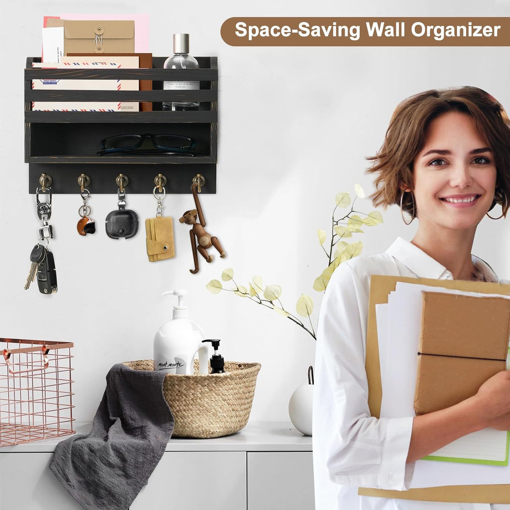 Key Holder Wall Mount with Mail Organizer, 5 Key Hooks, Black