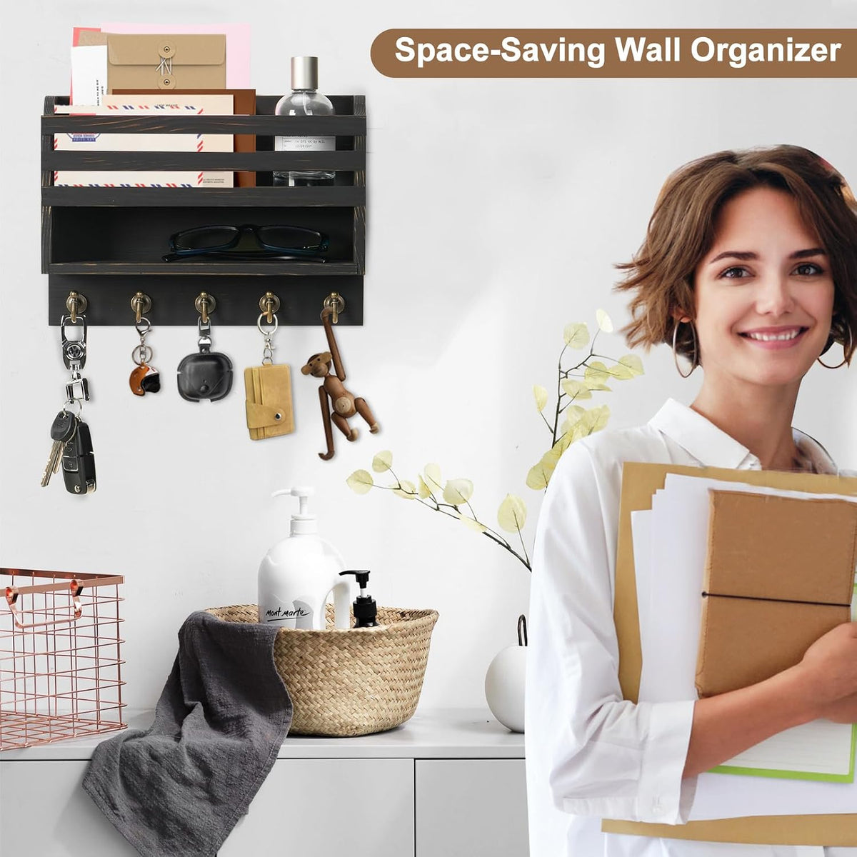 Key Holder Wall Mount with Mail Organizer, 5 Key Hooks, Black
