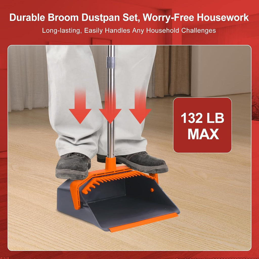 Broom and Dustpan Set for Home, 51" Long Handle Standing Pan Grey Orange