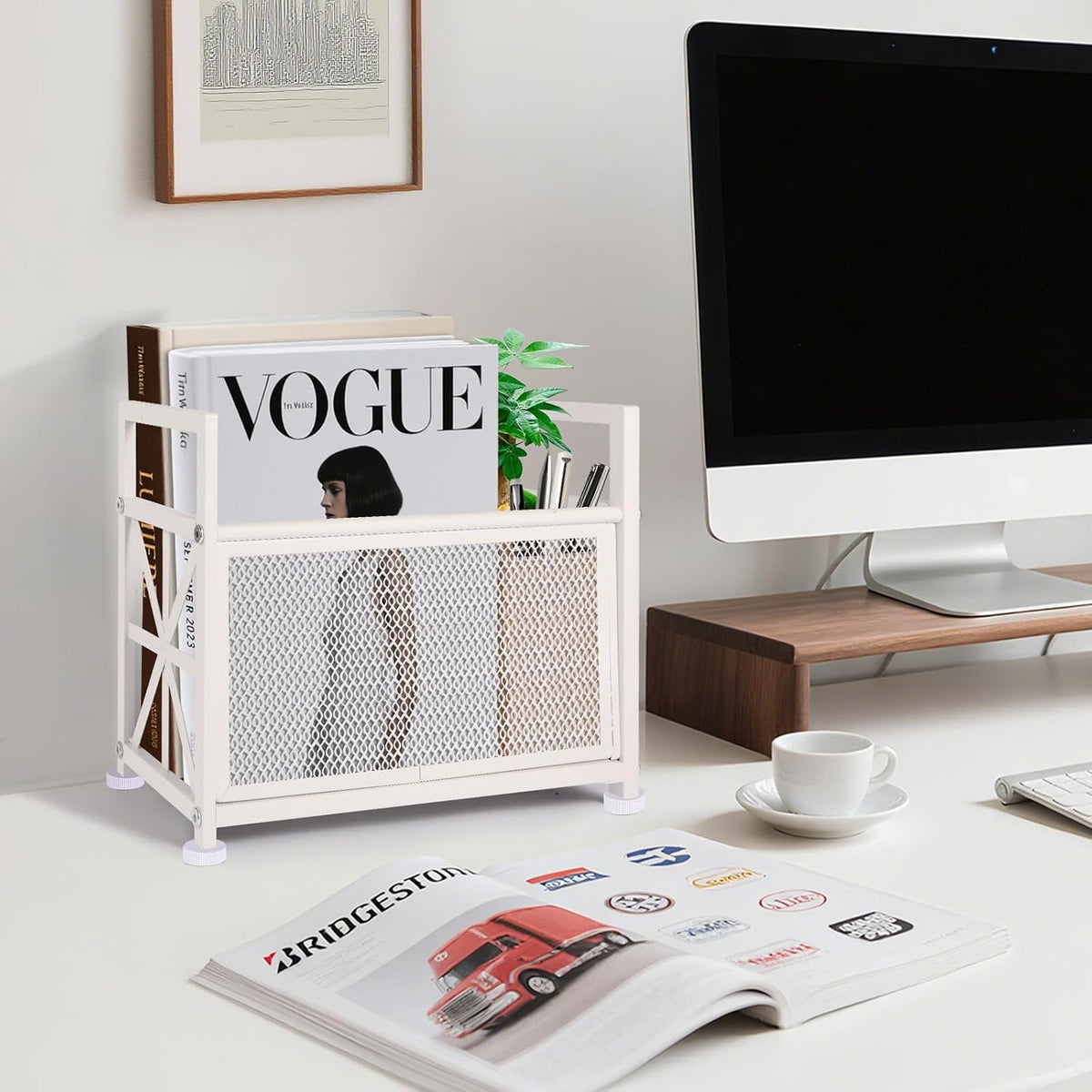 White Magazine Holder, Metal Magazine Rack Floor, Magazine Storage Basket, Mesh Magazine File Holder, Magazine Holders for Shelves，Magazine Stand for Desk, Folder Organizer Bin for Magazines