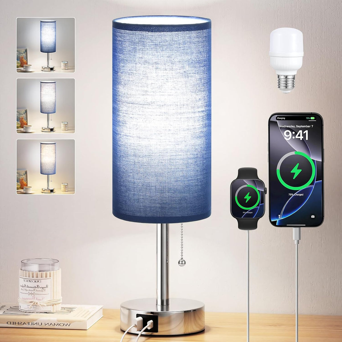 Blue Bedside Table Lamp for Bedroom - Small Nightstand Lamp for Girls