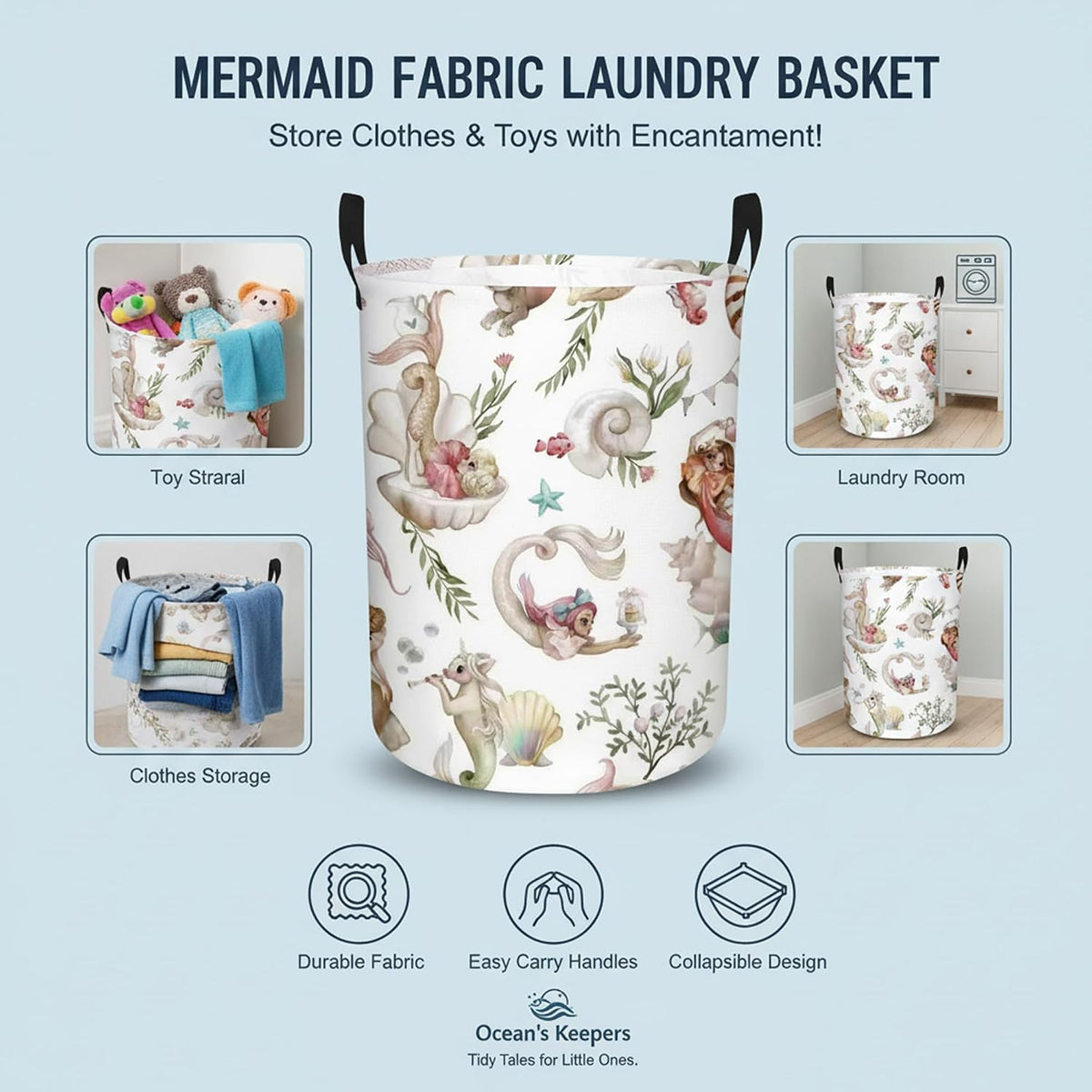 Baby Girls Laundry Basket Collapsible Kids Hamper Mermaid Nursery Room Bedroom Ocean Decor (Mermaid)
