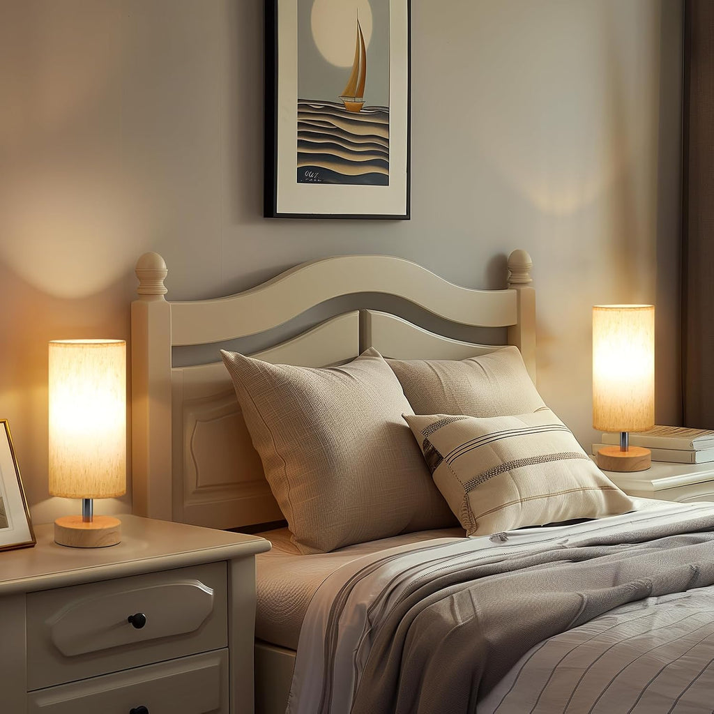 Table Lamps Set of 2 （Cream Shade - Wood Base, 11.6" Inline Control）