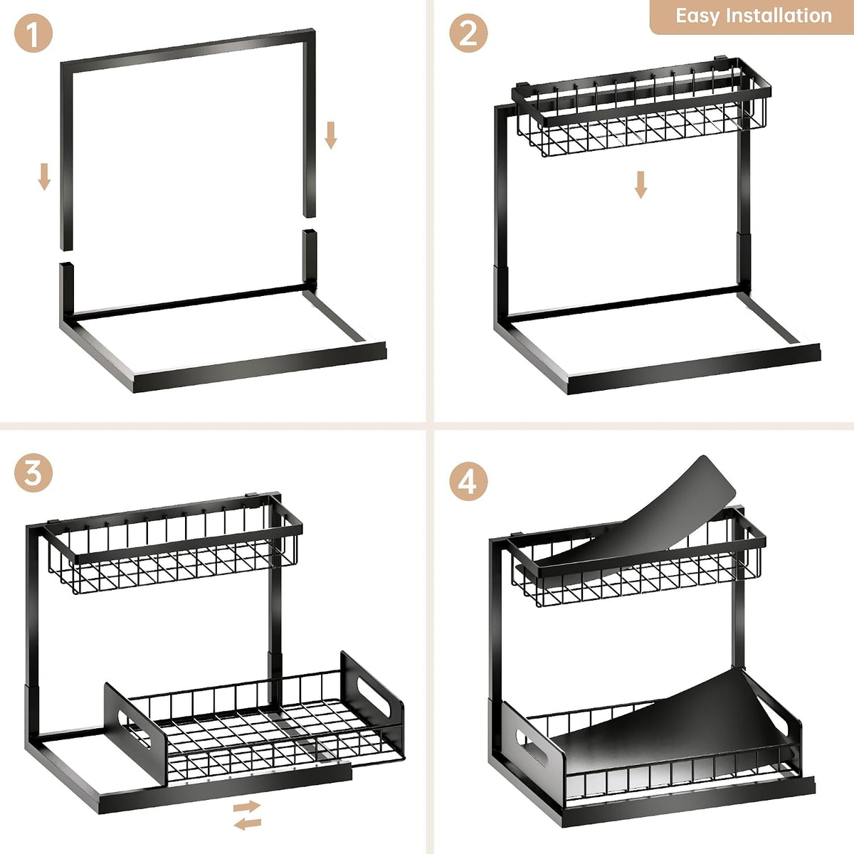 Under Sink Organizer and Storage, Slide Out Cabinet Organizer, Pull Out Sink Shelf for Kitchen Bathroom Laundry, Black, 1 Pack