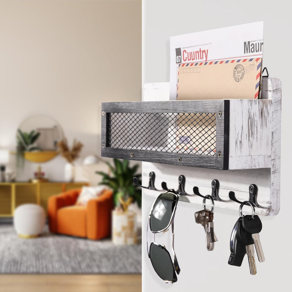 ADIIL Mail and Key Holder for Wall Decorative, Wooden Wall Mount Key Rack Hanger Organizer with 4 Double Key Hooks, Rustic Home Decor for Entryway Hallway, White