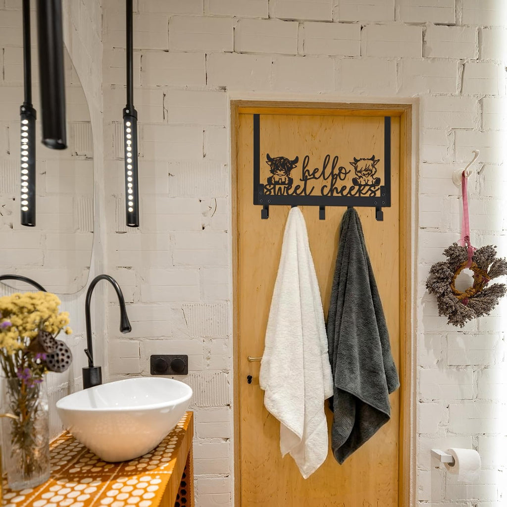 Kathfly Cute Highland Cow Over Door Towel Rack 5 Hooks Black