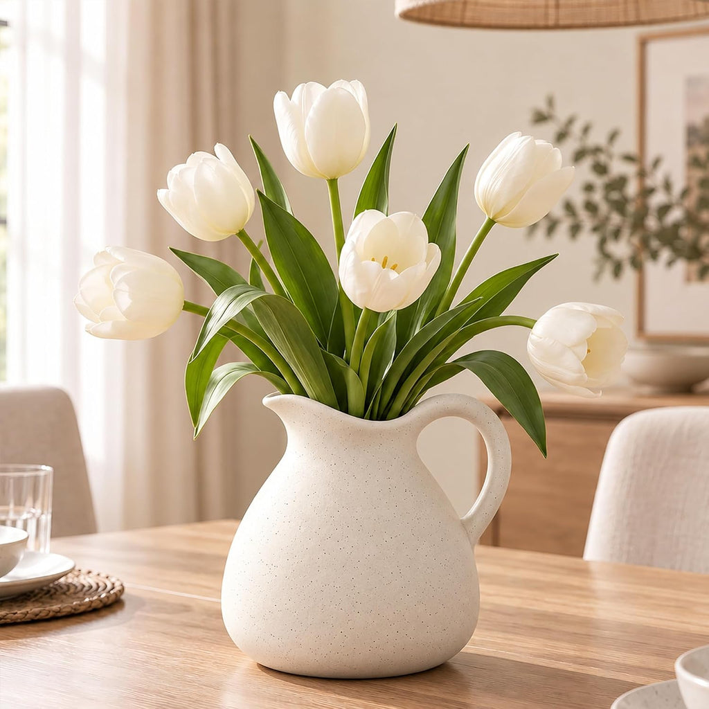 Ceramic Pitcher Vase, Large Beige Flower Vase with Handle for Home Decor
