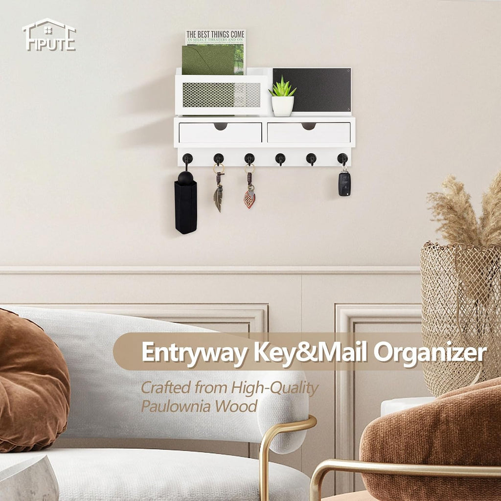 Key Holder for Wall, Key and Mail Holder for Wall with Storage Drawer, Entryway Rustic Home Decor, 3 Liquid Chalks & Chalkboard, 15.98”W x 9.1”H x 3.3”D, White