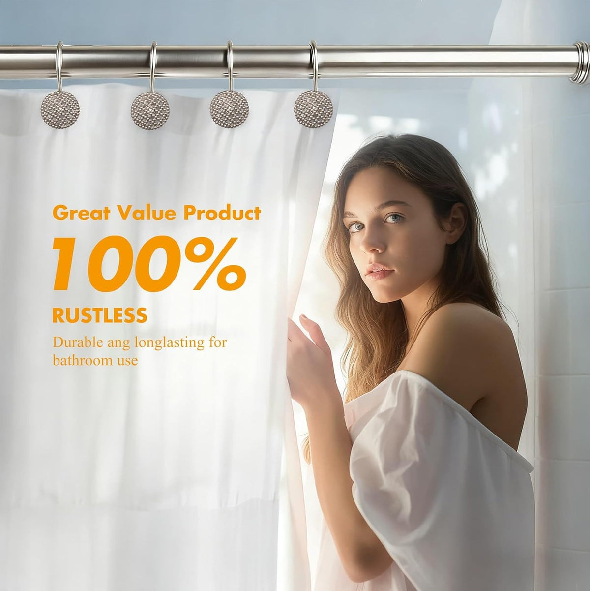 Pearlbee Nickel Shower Curtain Hooks,12pcs, Heavy Duty Rings for Shower Rod