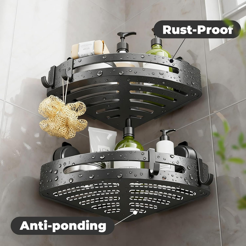 Corner Shower Caddy Suction Cup,Shower Shelves with Hooks,No Drilling Powerful Upgrade Suction Bathroom Corner Organizers and Storage,Removable Waterproof Rustproof Shower Shelf Bathroom Decor(1)