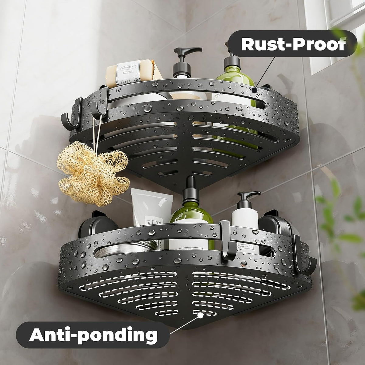 Corner Shower Caddy Suction Cup,Shower Shelves with Hooks,No Drilling Powerful Upgrade Suction Bathroom Corner Organizers and Storage,Removable Waterproof Rustproof Shower Shelf Bathroom Decor(1)