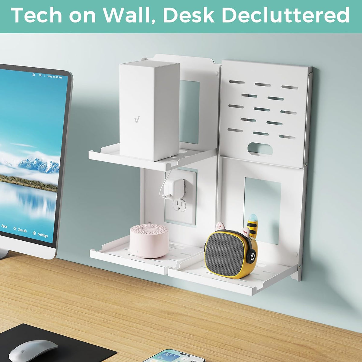 2-Tier Small Router Shelf Wall Mount - 7.5 inch Folding Metal Outlet Shelf w/Cable Holes | Dual-Layer Organizer Holder for WiFi Modem/Echo Dot & Cameras | Folds Up & Stackable (7.5″ Wide)