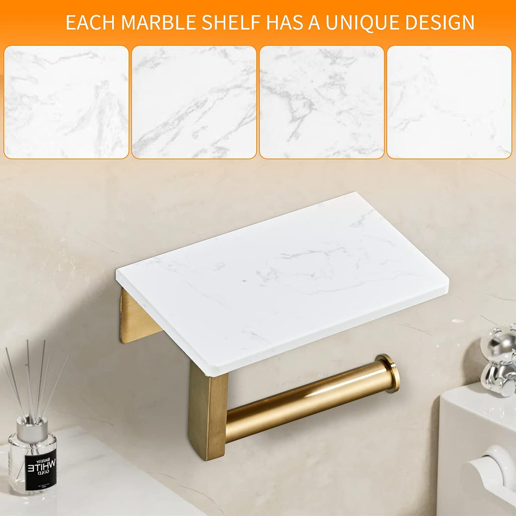 Brushed Gold Toilet Paper Holder with Marble-Look Shelf, Wall Mounted SUS304 Stainless Steel Toilet Roll Holder with Phone Storage