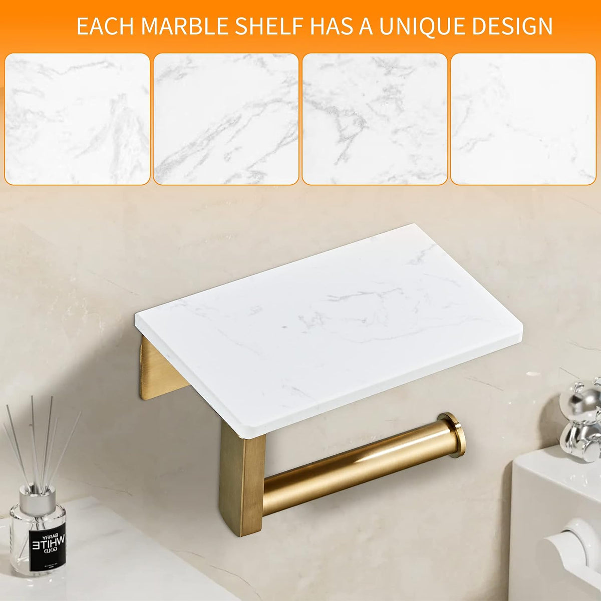 Brushed Gold Toilet Paper Holder with Marble-Look Shelf, Wall Mounted SUS304 Stainless Steel Toilet Roll Holder with Phone Storage